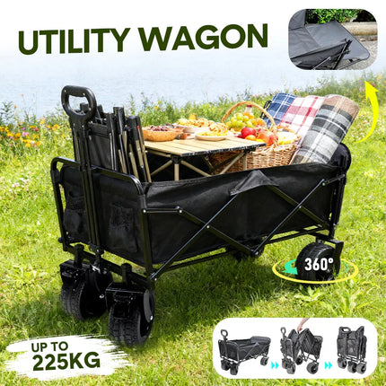 Black collapsible utility wagon with open rear, padded seat, and rugged 4-wheel base