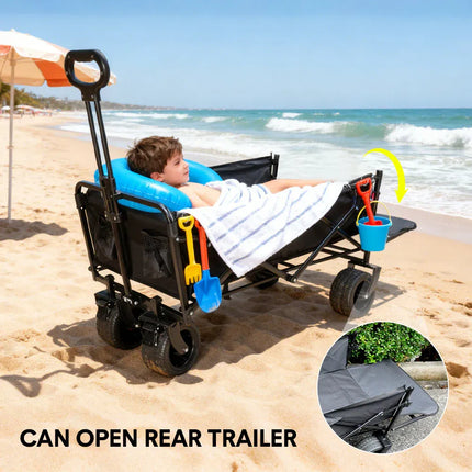 Black foldable beach wagon with long handle, open top, and storage side pockets