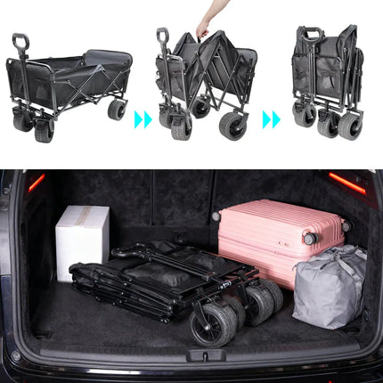 Folded and unfolded black utility wagon cart with hinged frame and 4 caster wheels
