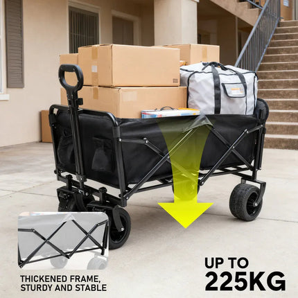 Black foldable wagon cart with padded side panels, thick frame, and all-terrain wheels