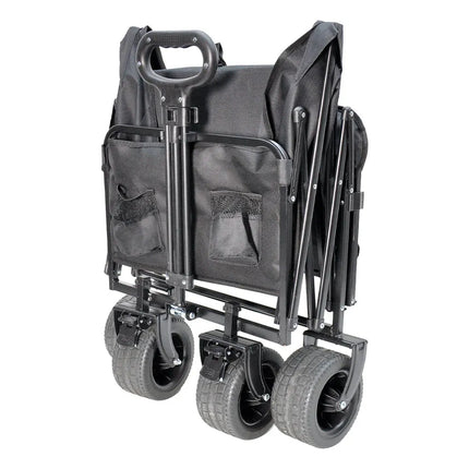 Black foldable utility wagon with tall handle, front mesh pockets, and 4-wheel design