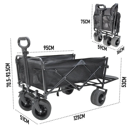 Foldable black utility wagon cart with tailgate, tabletop, and wheeled frame dimensions