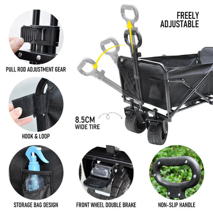 Black utility wagon cart with adjustable handle, double brake front wheels, and side tire tread