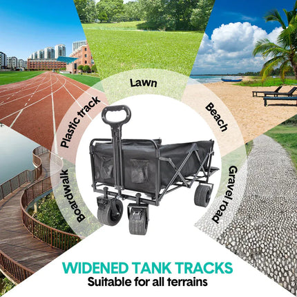 Foldable black utility wagon cart with wide wheels for lawn, gravel, beach, and track