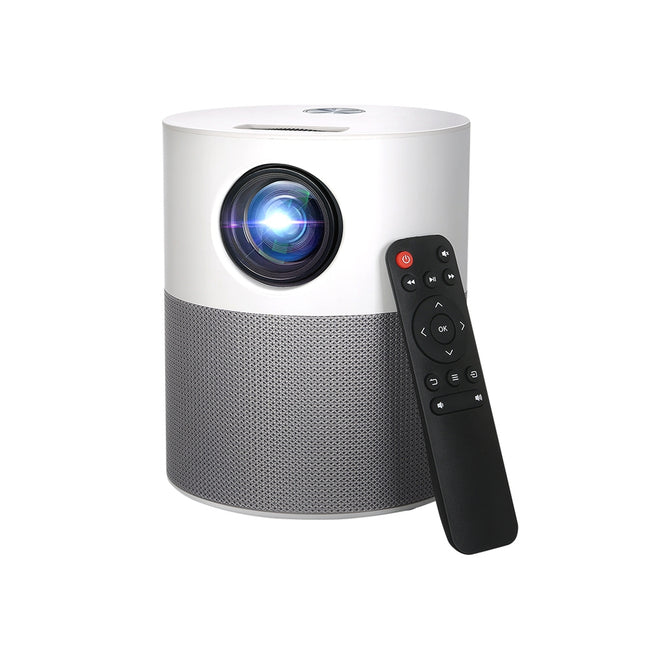 White and gray mini video projector with front lens and black remote control