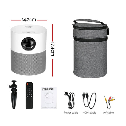 Mini projector kit with gray carry bag, remote, tripod stand, and HDMI/power/AV cables