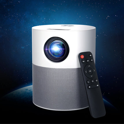 White and gray mini video projector with front lens and black remote control